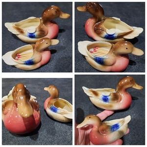 Vtg Royal Copley duck pair ashtray & match holder MCM